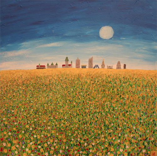 * Skyline Leipzig, 100x100cm 
Acryl und Schwarzlicht- Farben auf Leinwand